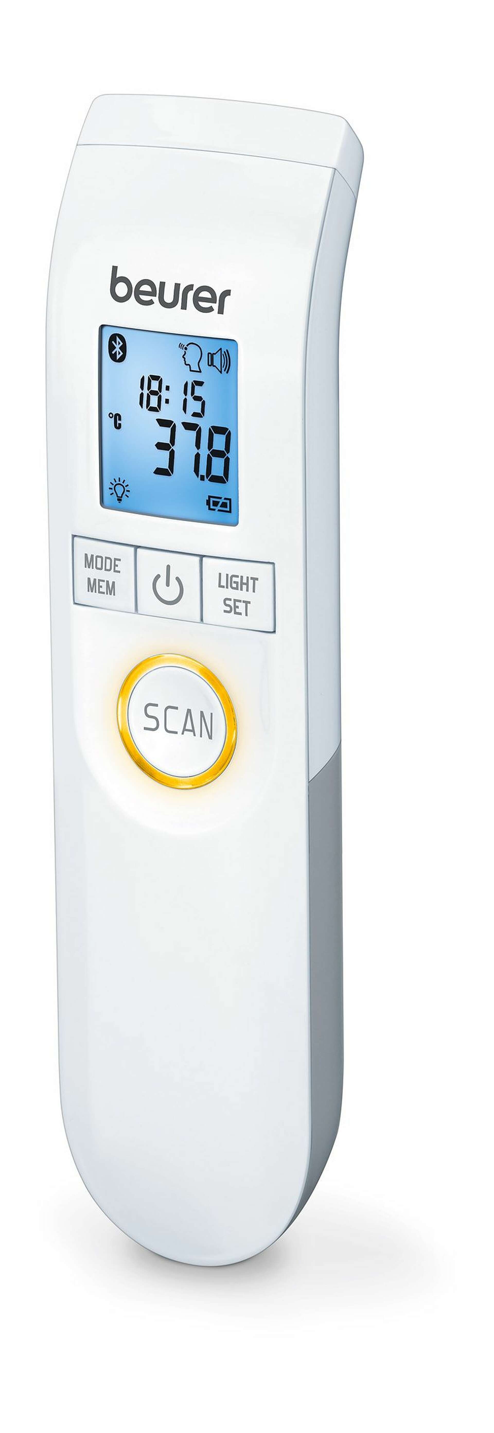 The Beurer FT95 thermometer displays different coloured lights depending on temperature